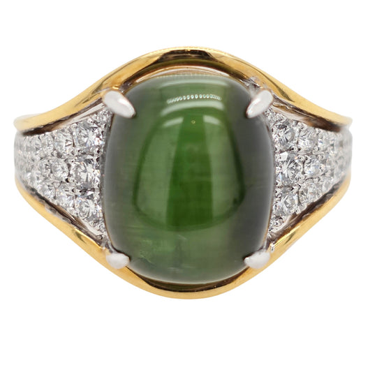18K Yellow and White Gold Cat's Eye Tourmaline Diamond Accented Ring 23762-CAT
