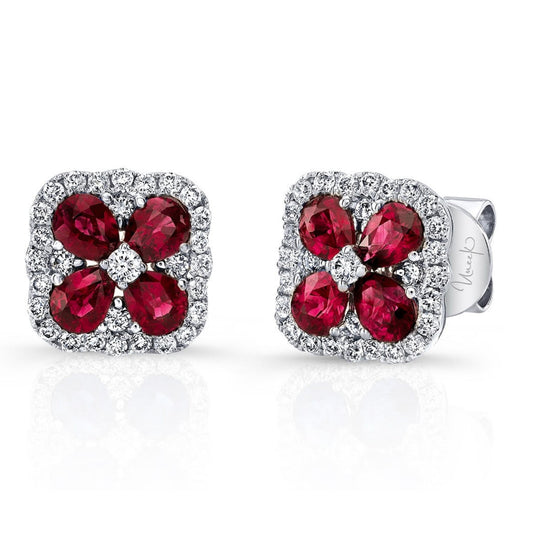 Uneek 18K White Gold Pear Shape Ruby & Diamond Floral Studs LVEMI0302R