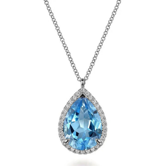 Gabriel & Co 14K White Gold Diamond and Blue Topaz Teardrop Necklace NK7460W45BT