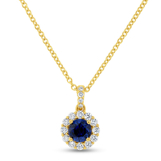 Uneek 14K Yellow Gold Blue Sapphire Diamond Halo Pendant Necklace LVNMT1953S