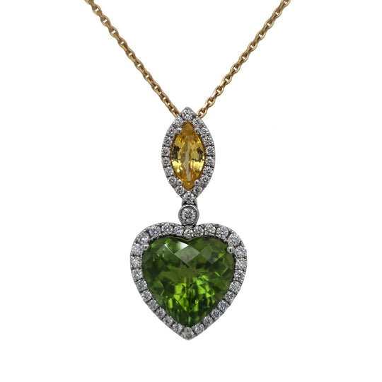18K White & Yellow Gold Peridot Heart, Yellow Sapphire and Diamond Halo Drop Necklace P 20054-PER