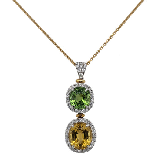 18K Yellow & White Gold Tourmaline Diamond Accented Drop Pendant Necklace P 21009-MIX