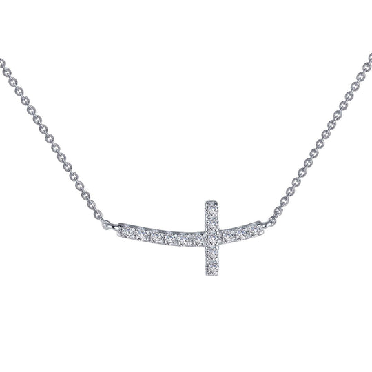 Lafonn Sterling Silver Platinum Plated Simulated Diamond Sideways Curved Cross Necklace N014CLP18