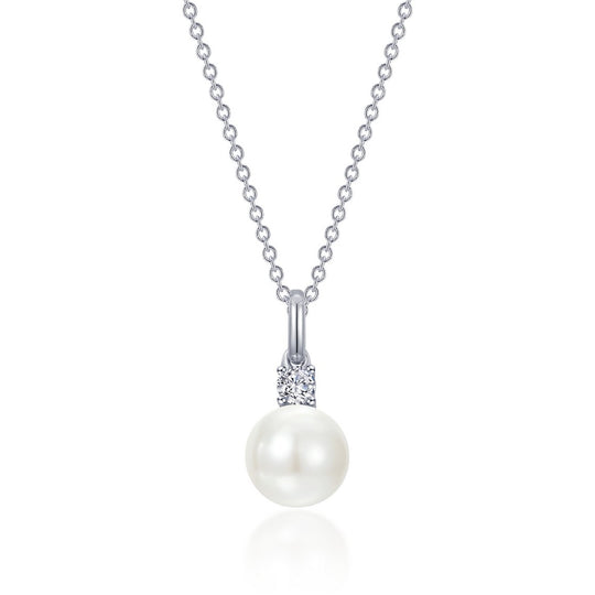 Lafonn Sterling Silver Platinum Plated Simulated Diamond and Cultured Pearl Drop Necklace P0313PLP20