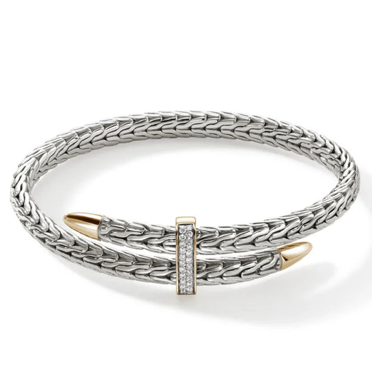 John Hardy 14K Yellow Gold and Sterling Silver Diamond Spear Flex Cuff CZZP90110722DIXM