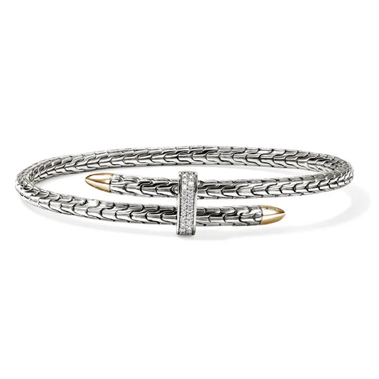 John Hardy 14K Yellow Gold and Sterling Silver Diamond Slim Spear Flex Cuff CZZP9878722DIXM