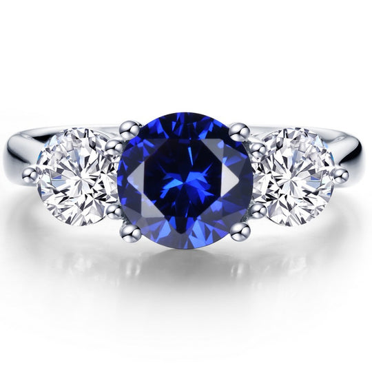 Lafonn Sterling Silver Platinum Plated Lab Grown Blue Sapphire Simulated Diamond 3 Stone Ring SYR020SP07
