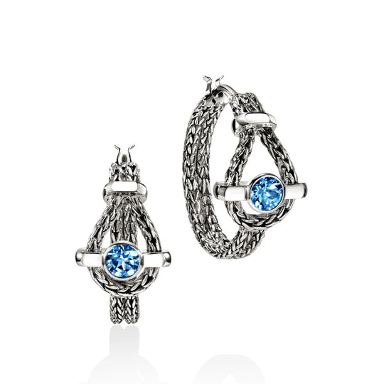 John Hardy Icon Sterling Silver Blue Topaz Hoop Earrings EBS973211SBT