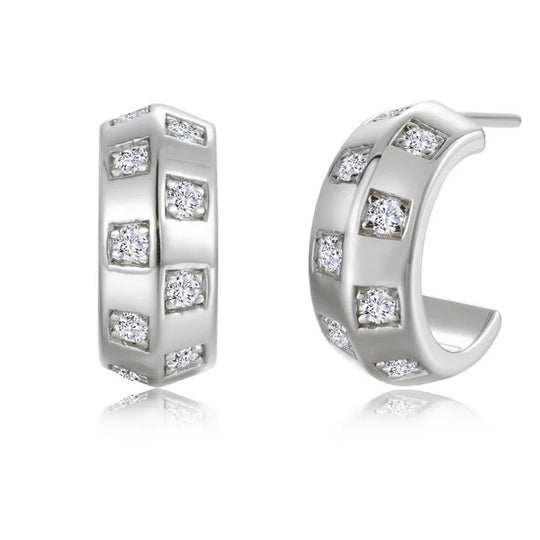 Lafonn Sterling Silver Platinum Plated Simulated Diamond Barrel Beat J Hoop Earrings E0688CLP00