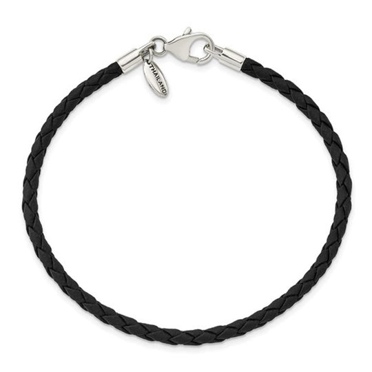 Sterling Silver Reflections Black Leather Bead Bracelet QRS983-8.25
