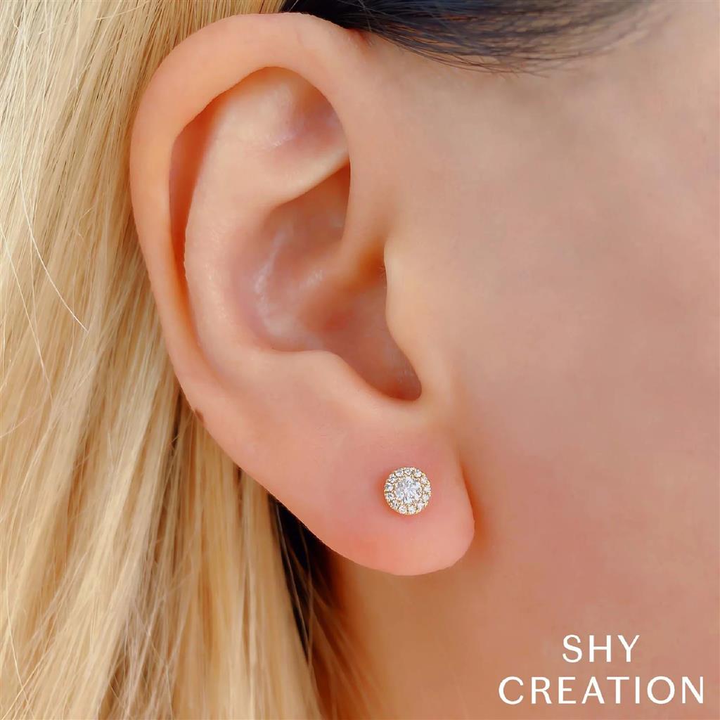 Shy Creation 14K Yellow Gold Diamond Halo Stud Earrings SC55002600