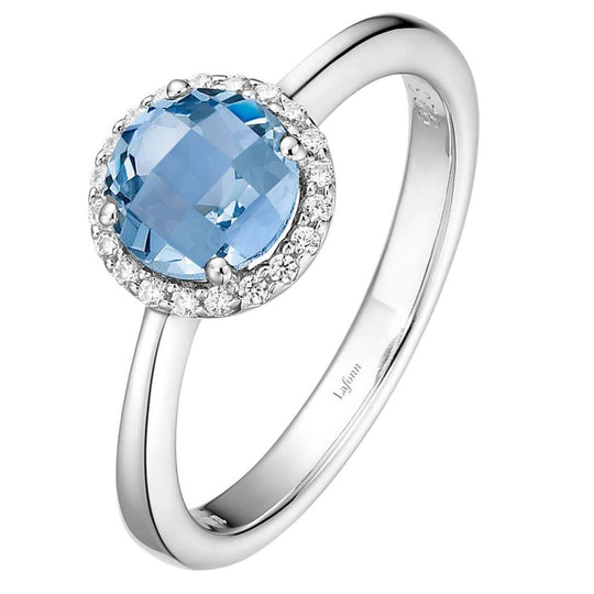 Lafonn Sterling Silver Platinum Plated 6mm Simulated Aquamarine Simulated Diamond Halo Ring BR001AQP07