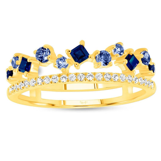 Uneek 14K Yellow Gold Diamond Blue Sapphire Double Row Ring LVBAD302YBS