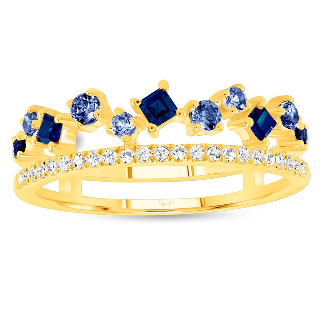 Uneek 14K Yellow Gold Diamond and Blue Sapphire Double Row Ring LVBAD302YBS