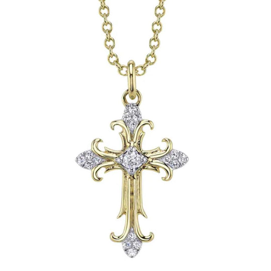 Shy Creation 14K Yellow Gold Diamond Cross Necklace SC55027653RD