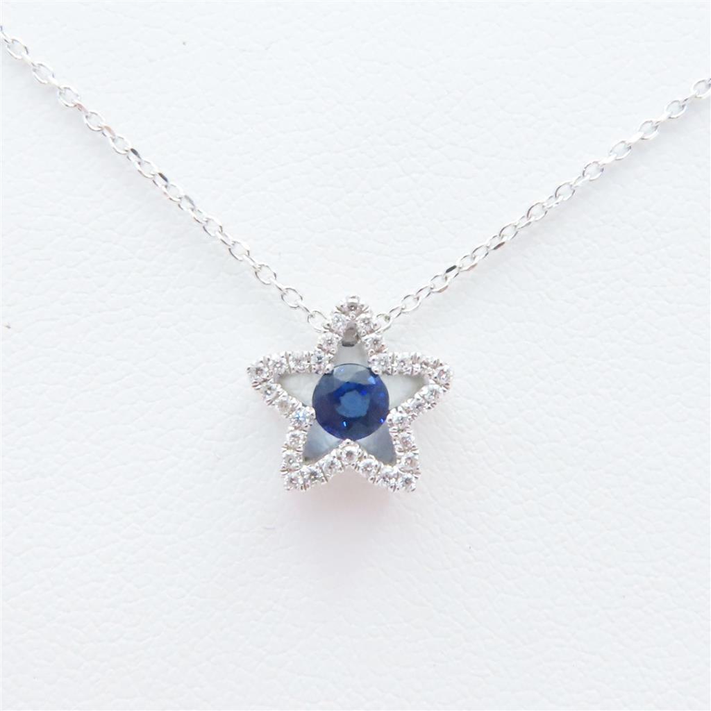 14K White Gold Blue Sapphire Diamond Star Necklace ED-85-S