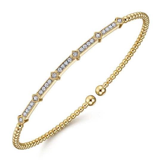 Gabriel & Co 14K Yellow Gold Beaded Station Diamond Cuff Bujukan Bangle BG4337-62Y45JJ