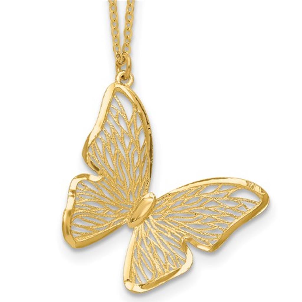 14K Yellow Diamond Cut Texture Butterfly Necklace LF1861-18