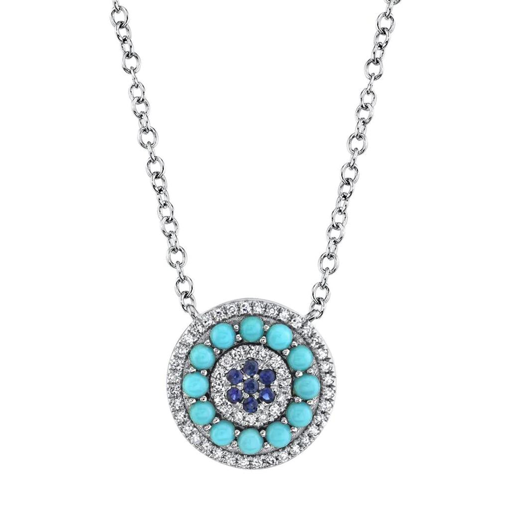 Shy 14KW Blue Sapphire and Composite Turquoise Diamond Halo Necklace SC55019626