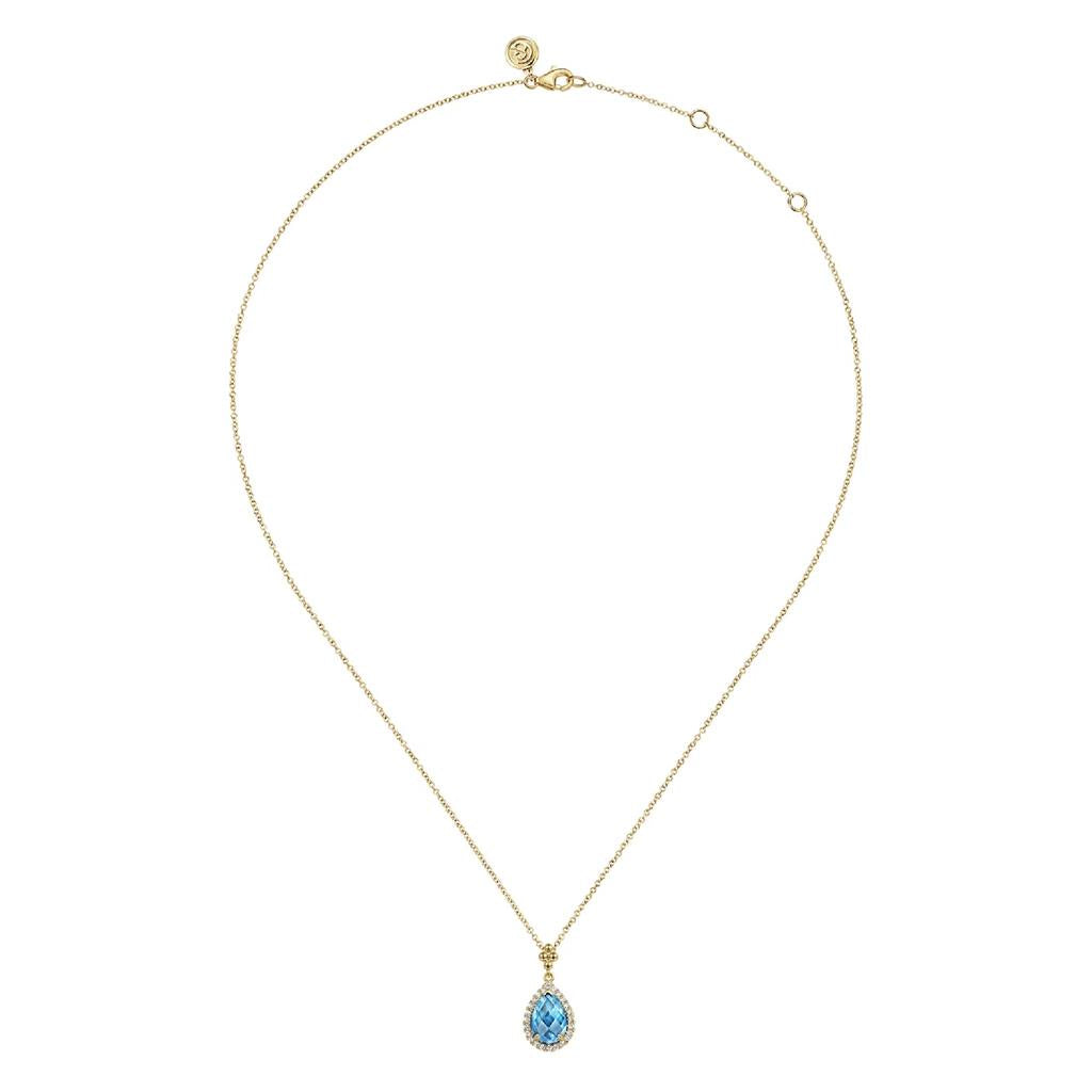 Gabriel & Co 14K Yellow Gold Diamond and Blue Topaz Teardrop Necklace NK7393Y45BT
