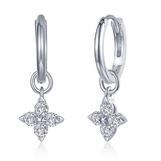 Lafonn sterling Silver Platinum Plated Trillium Flower Simulated Diamond Huggie Drop Earrings E0659CLP00