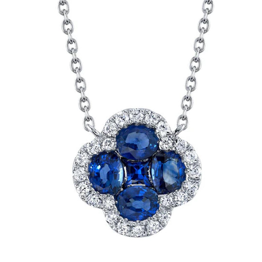 Shy Creation 14K White Gold Diamond and Blue Sapphire Clover Necklace SC41002220