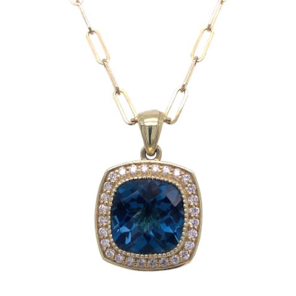 Raymond Mazza 14K Yellow Gold London Blue Topaz Diamond Halo Necklace PZ6896