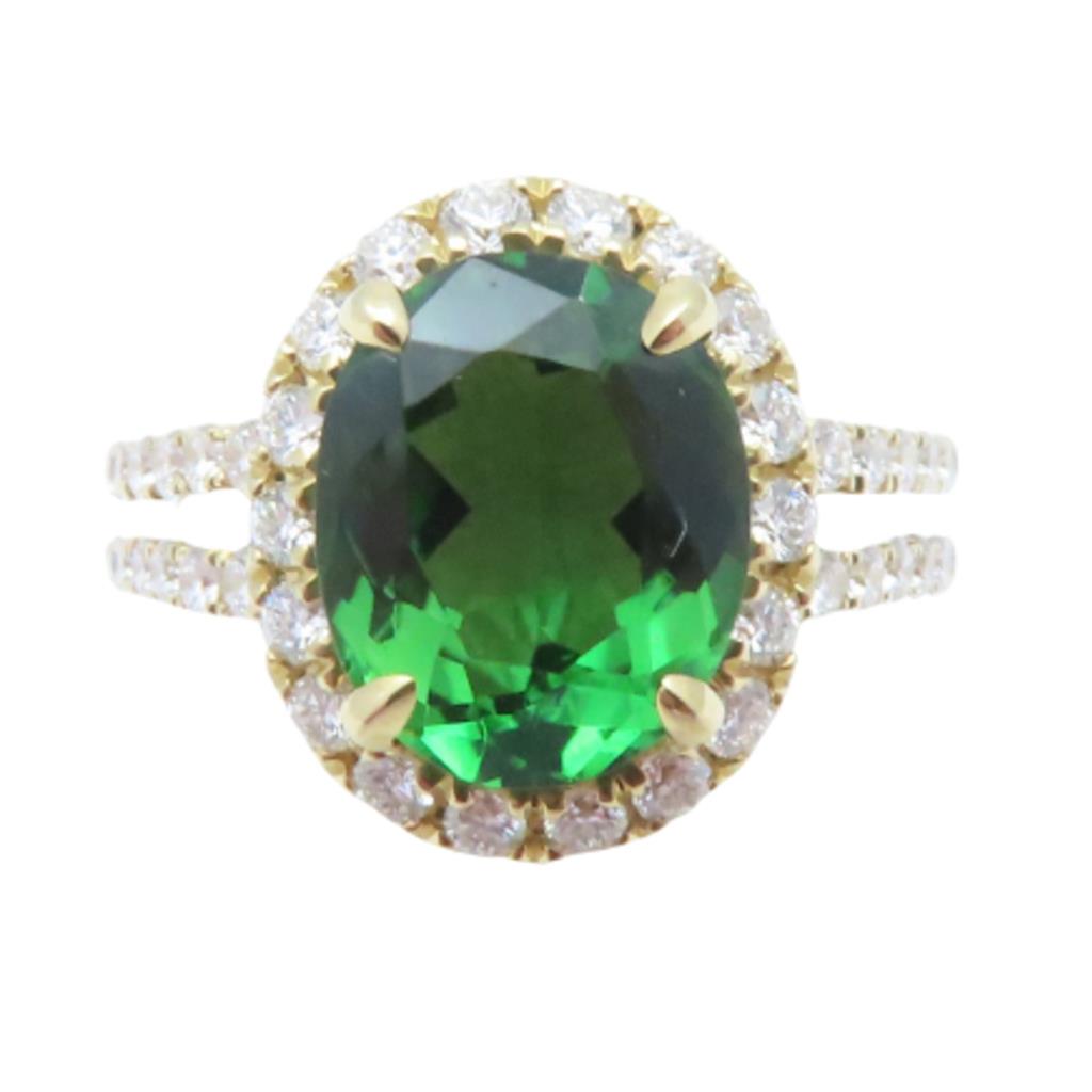 14K Yellow Gold Oval Green Tourmaline Diamond Halo Split Shank Ring 21610-290CT