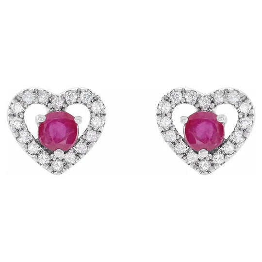 14K White Gold Ruby Diamond Heart Halo Earrings 653643:600:P