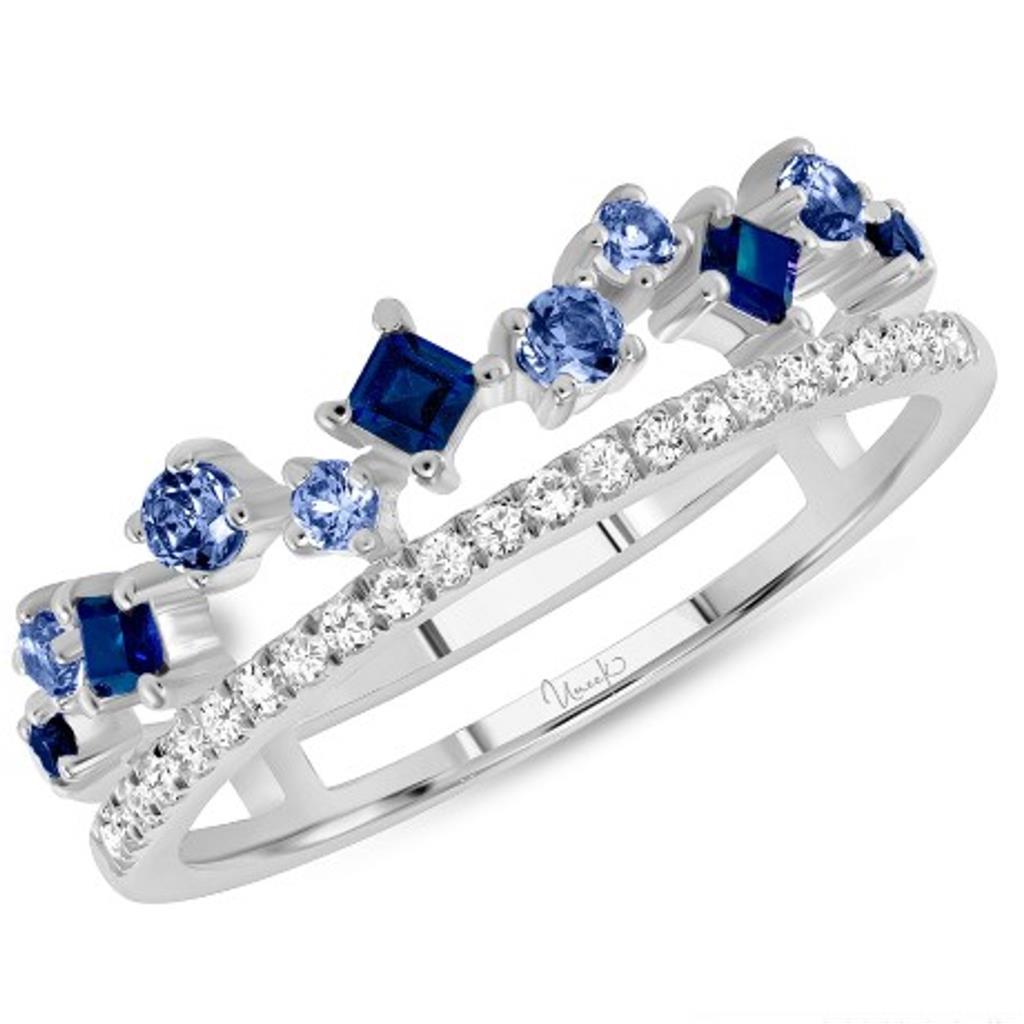 Uneek 14K White Gold Diamond and Blue Sapphire Double Row Ring LVBAD302WBS