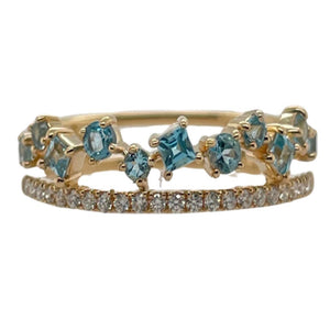 Uneek 14K Yellow Double Row Blue Topaz and Diamond Crown Ring LVBAD302WBT