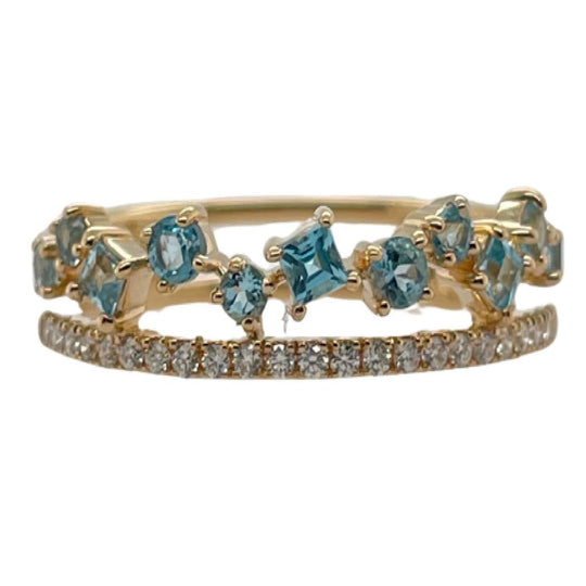 Uneek 14K Yellow Gold Double Row Blue Topaz and Diamond Crown Ring LVBAD302WBT