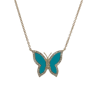 Raymond Mazza 14KY Diamond Accented Turquoise Butterfly Necklace NZ7467