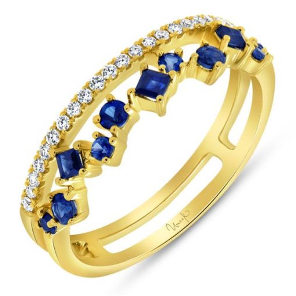 Uneek 14K Yellow Gold Diamond and Blue Sapphire Double Row Ring LVBAD302YBS