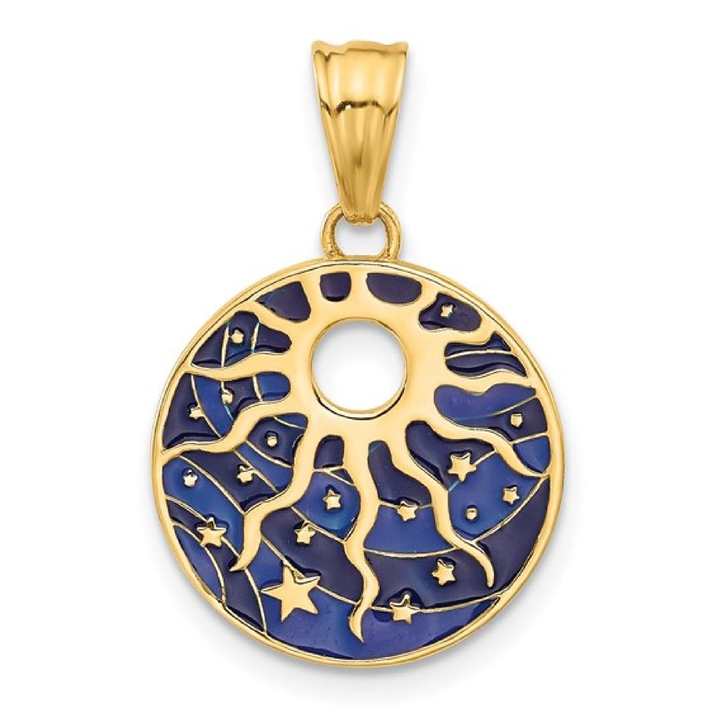 14K Yellow Gold Enamel Sun and Stars Pendant C4888