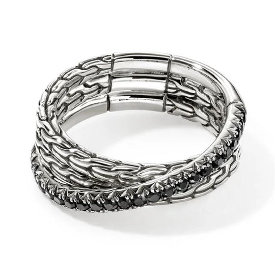 John Hardy Sterling Silver Essential Pave Black Sapphire Crossover Ring RBS987154BLSX7