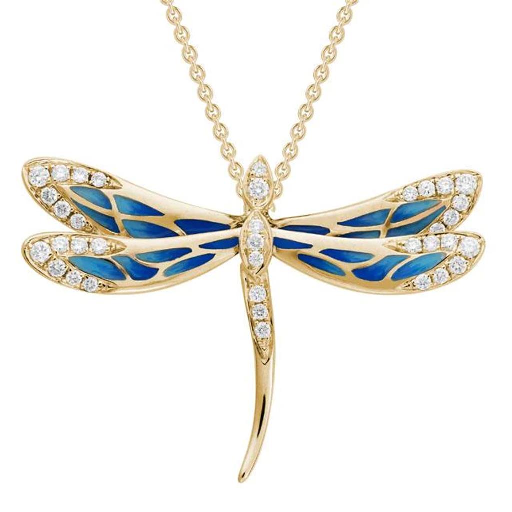 14K Yellow Gold Blue Enamel Diamond Dragonfly Necklace GNK37ELY30BL