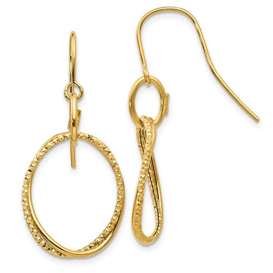 14K Yellow Gold Textured Twisted Circle Drop Earrings LE184