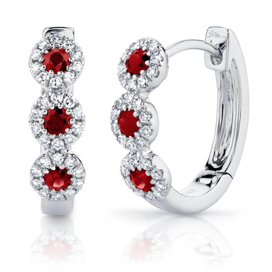 Shy Creation 14K White Gold Ruby Diamond Halo Huggie Earrings SC55002955