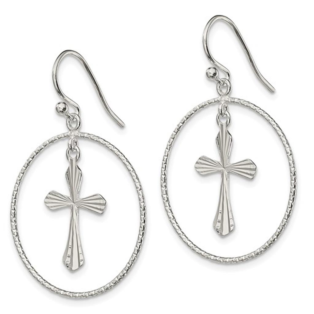 Sterling Silver Cross Circle Dangle Earrings QE13510