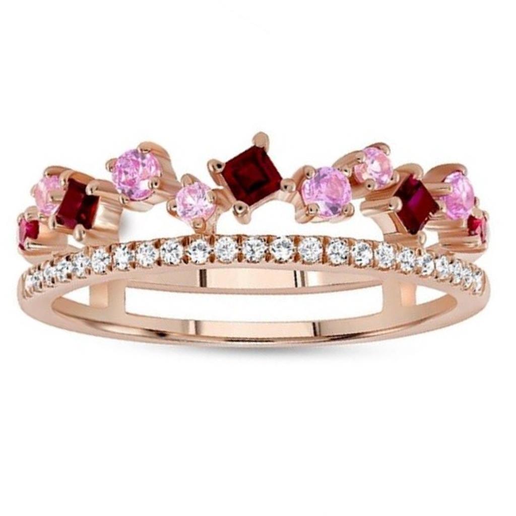 Uneek 14K Rose Gold Diamond, Pink Sapphire, & Ruby Double Row Ring LVBAD302RPS