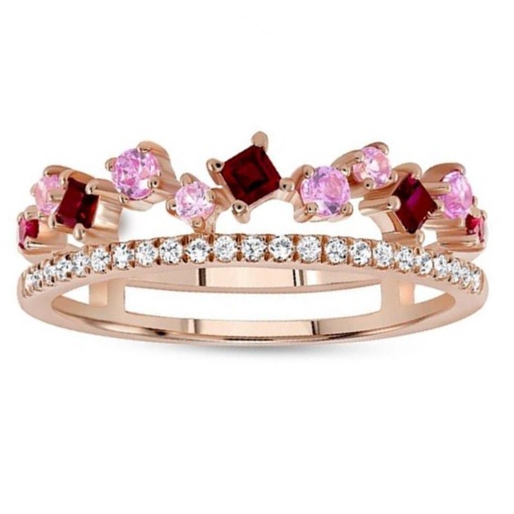 Uneek 14KR Diamond, Pink Sapphire & Ruby Crown Ring LVBAD302RPS