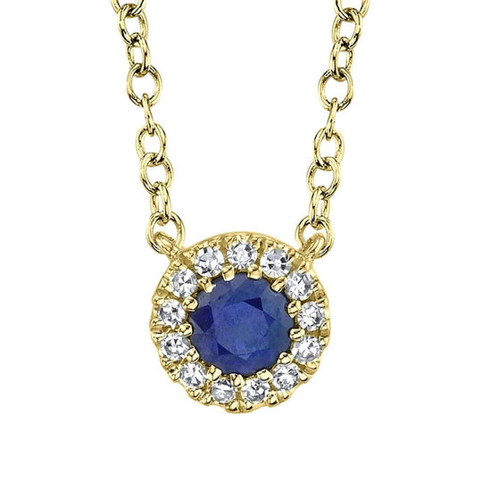 Shy Creation 14K Yellow Gold Blue Sapphire Diamond Halo Necklace SC55008112