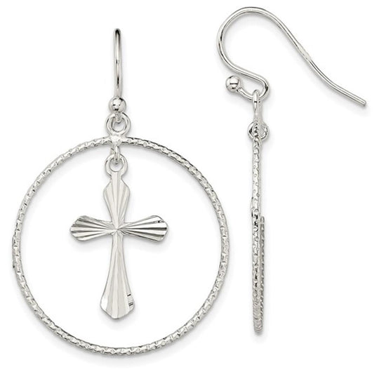 Sterling Silver Cross Circle Dangle Earrings QE13510