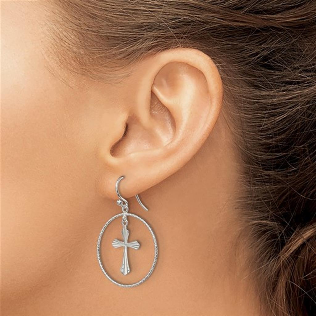 Sterling Silver Cross Circle Dangle Earrings QE13510