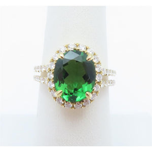 14K Yellow Gold Oval Green Tourmaline Diamond Halo Split Shank Ring 21610-290CT