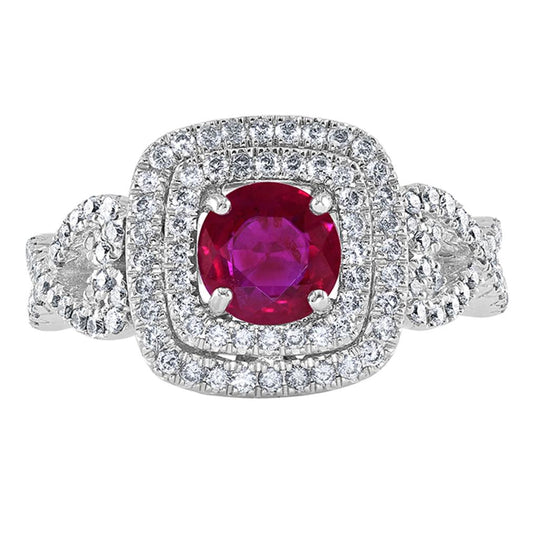 18K White Gold Ruby Double Diamond Halo Twisted Ring R8H60R1