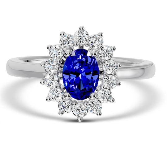14K White Gold Oval Blue Sapphire Diamond Halo Ring RE4314-75VP1M14-4WOVS