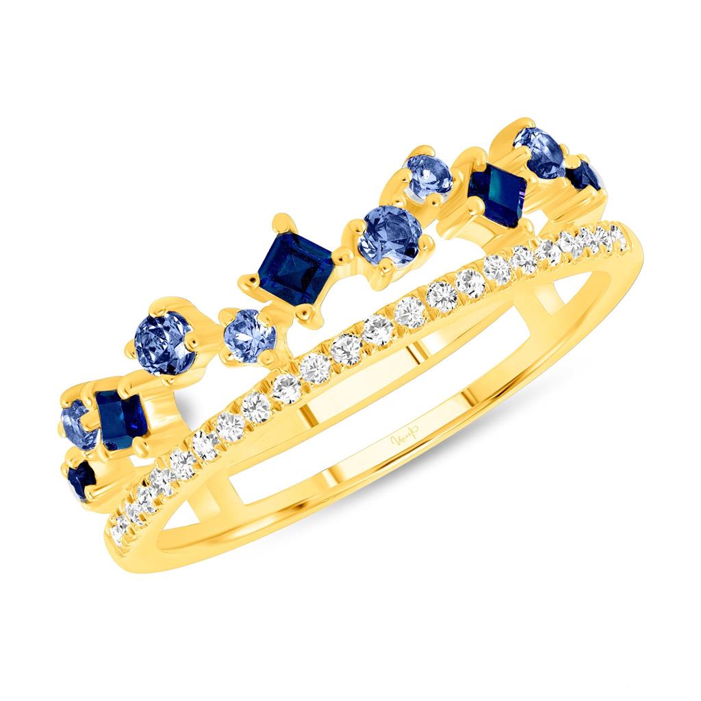 Uneek 14K Yellow Gold Diamond and Blue Sapphire Double Row Ring LVBAD302YBS