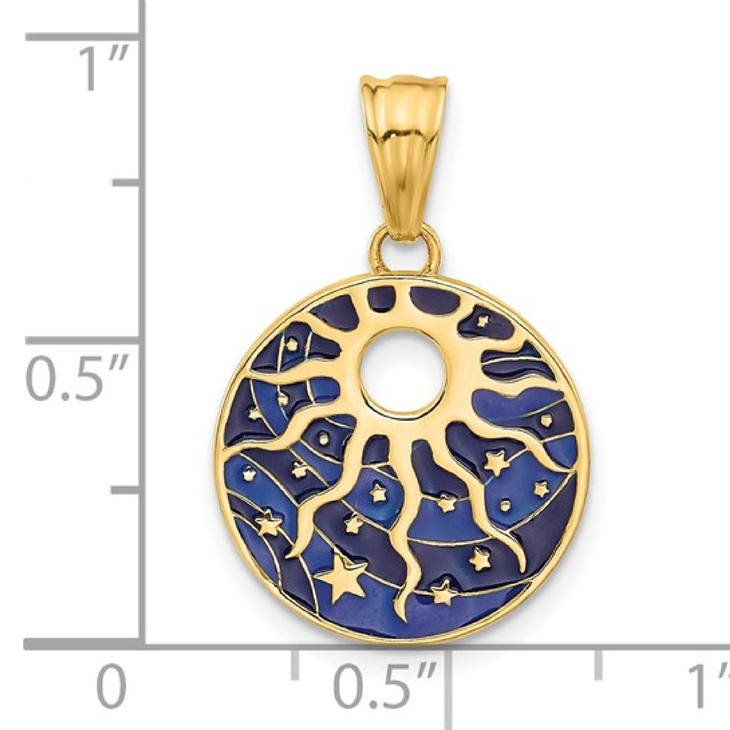 14K Yellow Gold Enamel Sun and Stars Pendant C4888